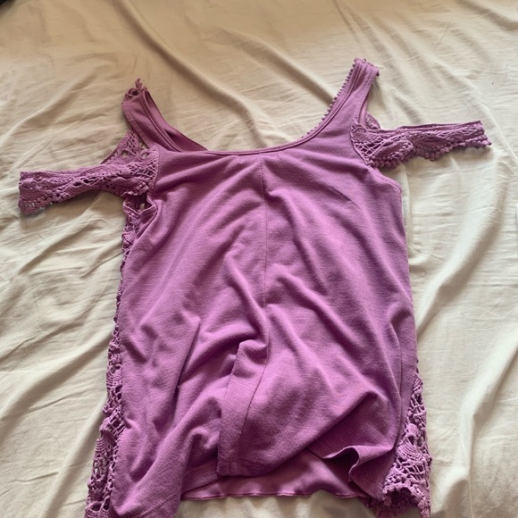 Purple Juniors Lace Crochet Cold Shoulder Top - Picture 3 of 5